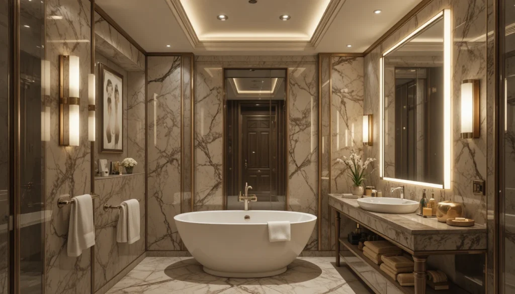 Luxury Bathroom & Shower Design Ideas 6 Luxury bathroom with layered lighting creating warm, elegant ambience.