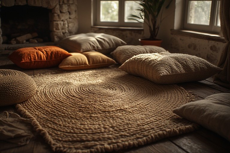 Floor Seating Ideas for a Cozy and Stylish Space 9 A cozy floor seating area with layered rugs and rust-colored cushions.