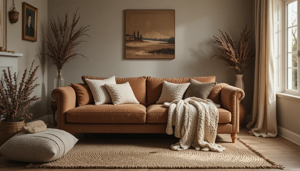 Cozy Home Interiors for Warm and Inviting Spaces 4 Interior showcasing layered textures with velvet, knits, and woven materials.