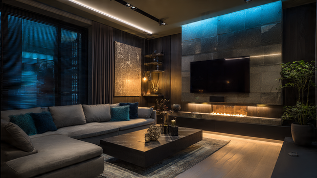 A modern living room with LED-lit TV wall creating ambience with colorful light effects.