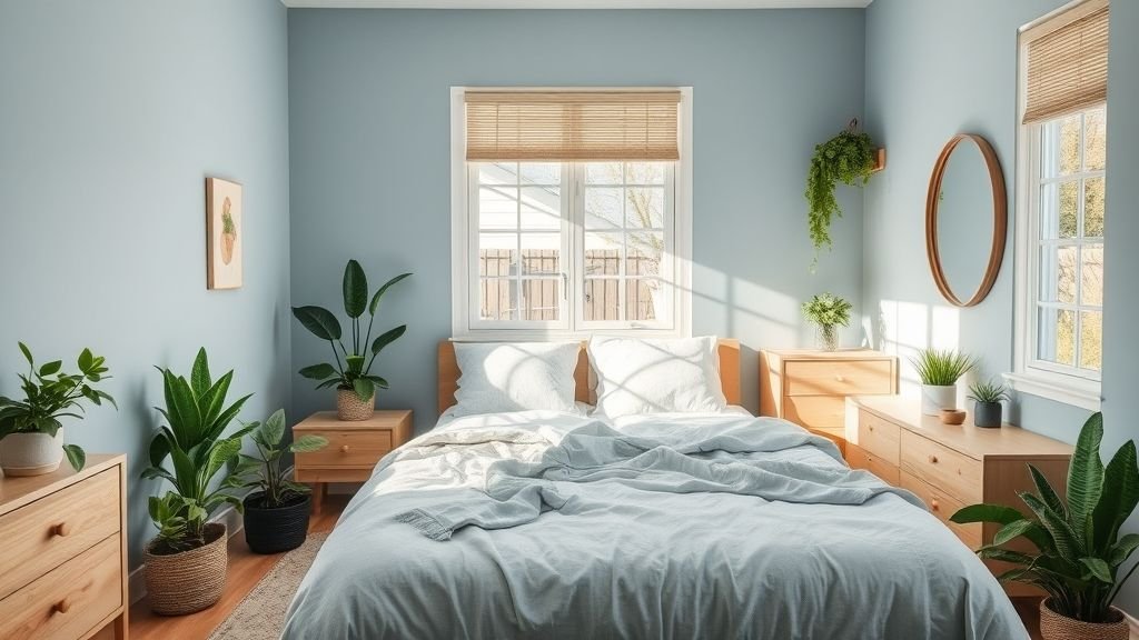 Plant Lover Bedroom Ideas: Bring Nature Into Your Sleep Sanctuary 16 Bedroom with ZZ plants and succulents in a minimalist blue and green color palette.
