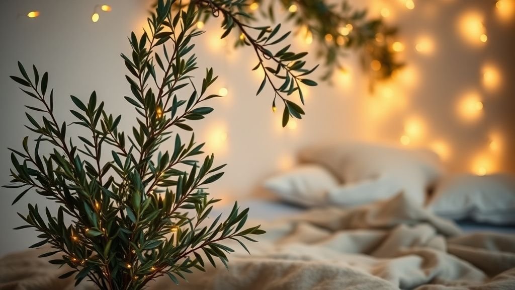 Plant Lover Bedroom Ideas: Bring Nature Into Your Sleep Sanctuary 11 Bedroom with olive plants illuminated by golden fairy lights and warm ambiance.