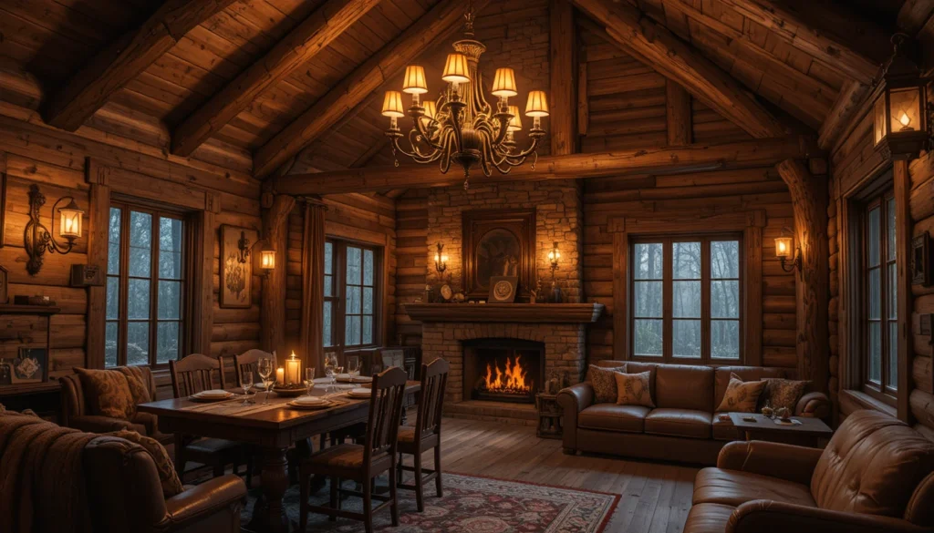 Rustic Cabin Interiors: Cozy Charm and Timeless Design Ideas 8 Rustic lighting fixtures casting warm glow in a cozy wooden cabin interior.