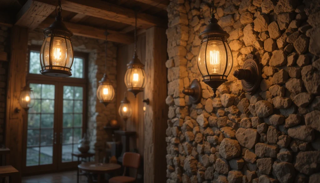 Rustic Cabin Interiors: Cozy Charm and Timeless Design Ideas 9 Rustic lighting setup that enhances warmth with glowing lanterns and wood tones.