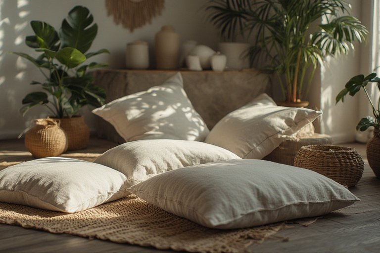 16 Stylish Ideas for Decorating with Comfy Floor Cushions 3 Minimalist space with linen floor cushions in soft neutral colors and potted plants.