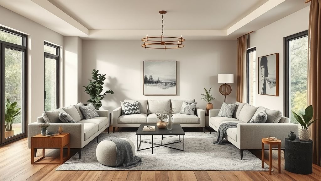 Stylish modern living room with cozy seating, soft lighting, natural textures, and elegant decor creating a warm inviting atmosphere.