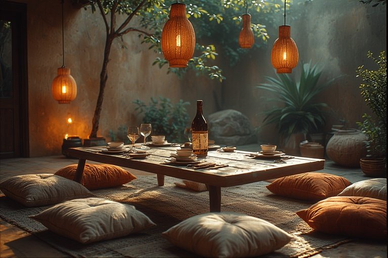 16 Stylish Ideas for Decorating with Comfy Floor Cushions 12 Modern low dining setup with terracotta cushions and wooden table.
