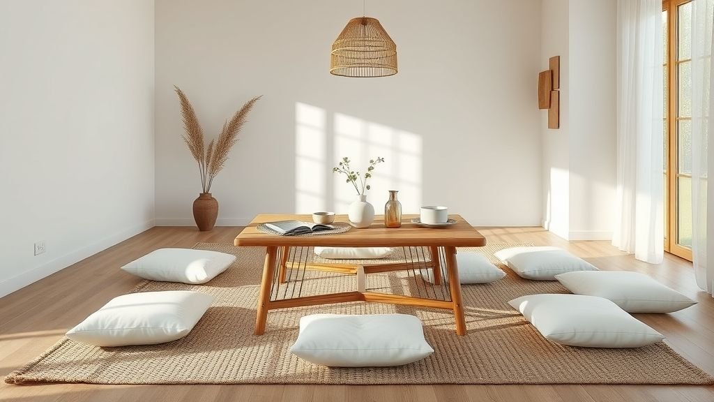 Floor Seating Ideas for a Cozy and Stylish Space 5 A cozy low dining setup with white floor cushions around a bamboo table on a woven rug.