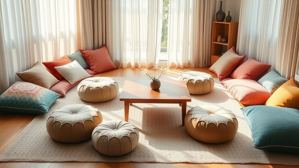 Stylish Floor Seating Ideas for Cozy Spaces 4 Low wooden table and poufs in cozy floor seating surrounded by cushions.