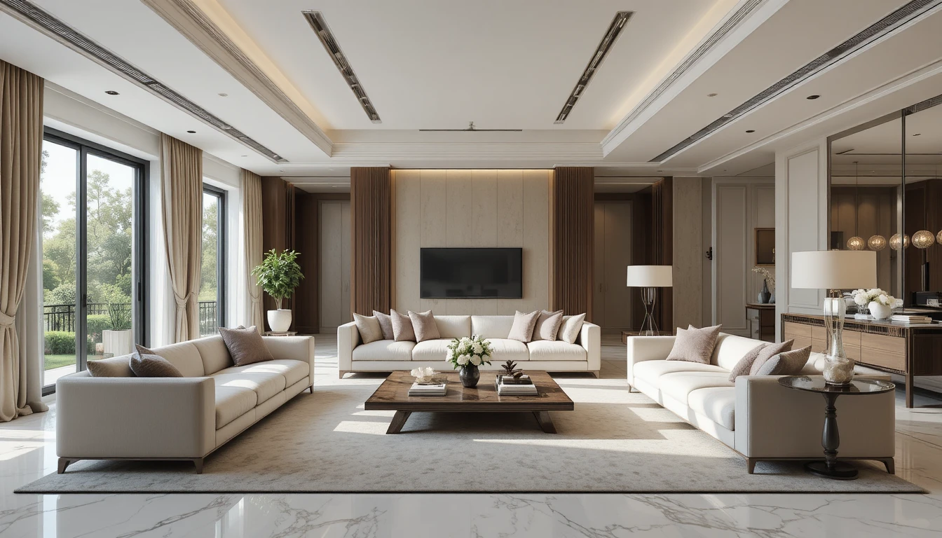 Luxury and modern home decor featuring elegant furniture, marble flooring, and neutral tones.