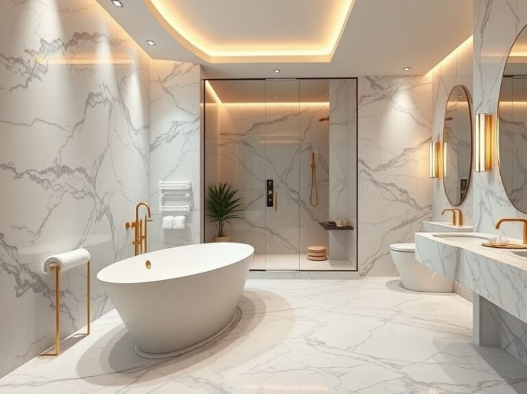 Luxury bathroom with marble surfaces, walk-in shower, and elegant lighting for a spa-like feel.