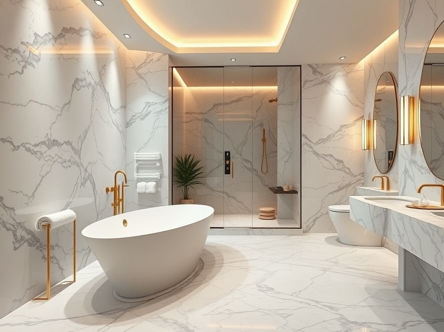 Luxury bathroom with marble surfaces, walk-in shower, and elegant lighting for a spa-like feel.