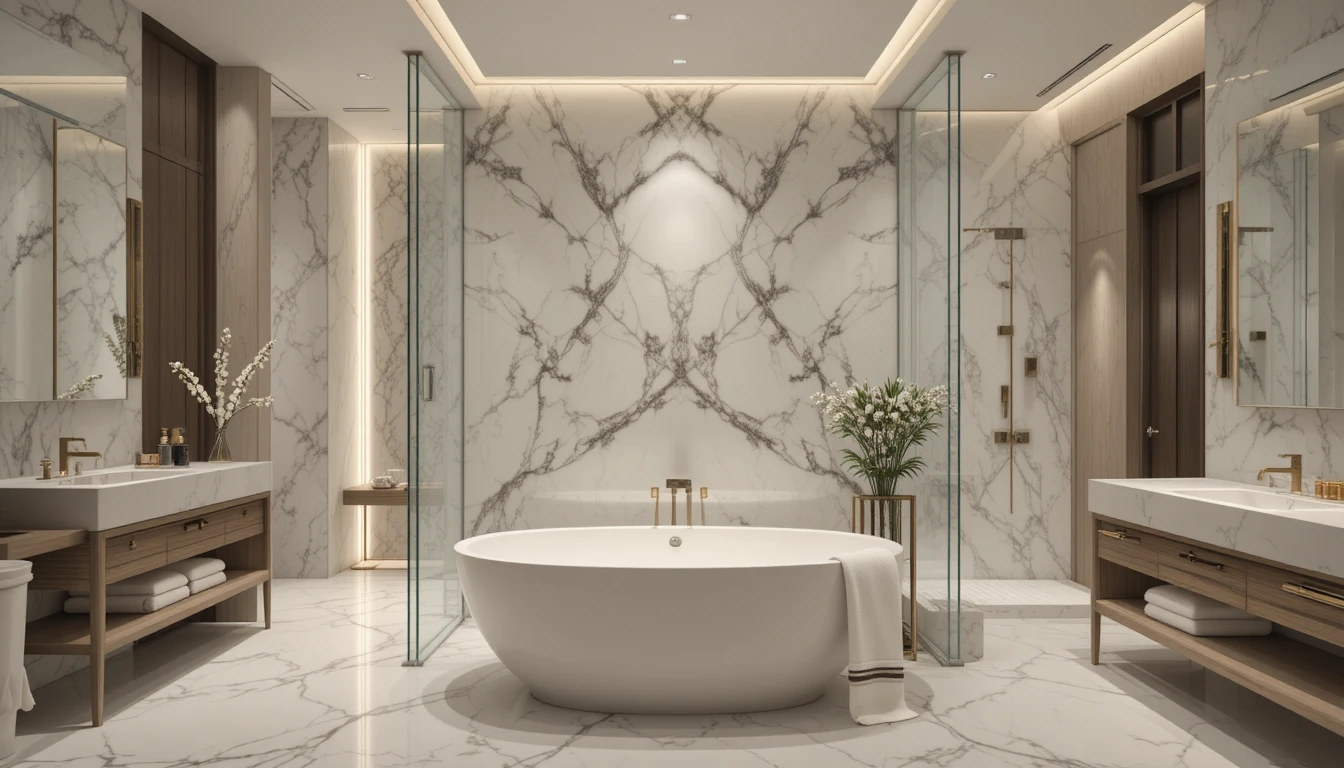 Luxury bathroom and shower design with freestanding tub, marble walls, and glass shower