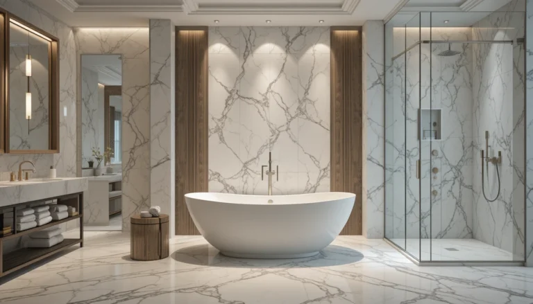 Luxury bathroom with modern shower design, freestanding tub, marble floors, and soft lighting.