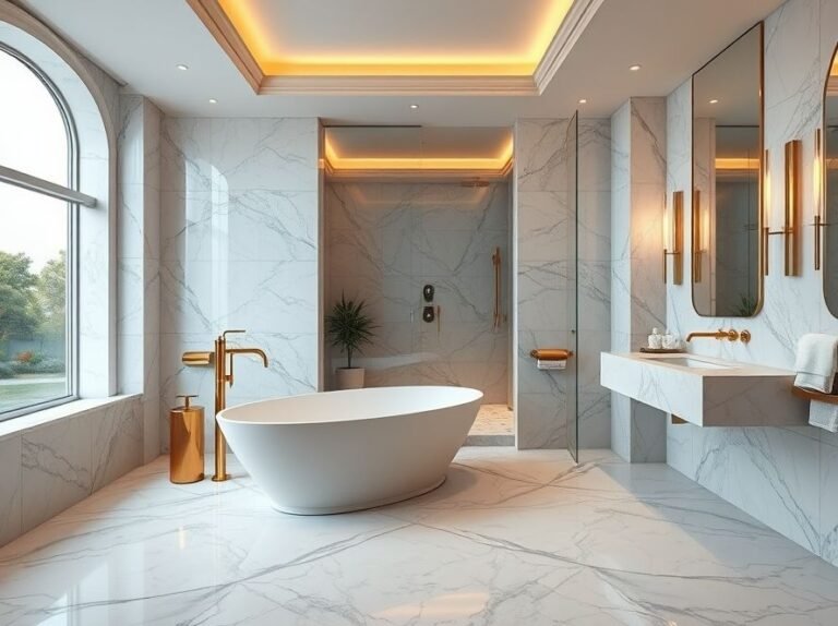 Luxury bathroom and shower design ideas featuring marble finishes, glass enclosure, and elegant lighting.