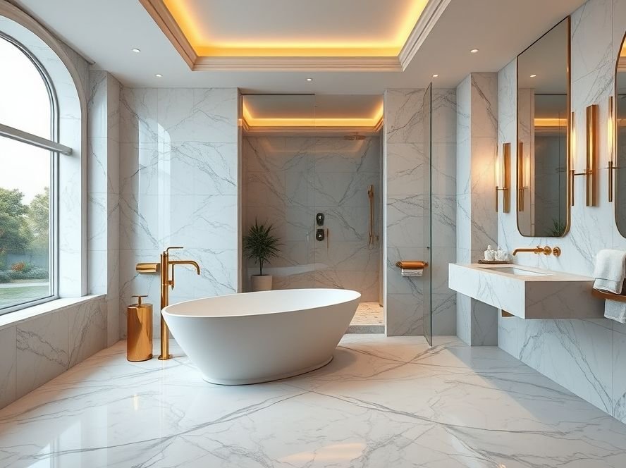 Luxury bathroom and shower design ideas featuring marble finishes, glass enclosure, and elegant lighting.