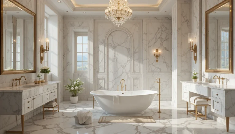 Luxury bathroom inspiration featuring marble finishes, freestanding tub, and elegant lighting.