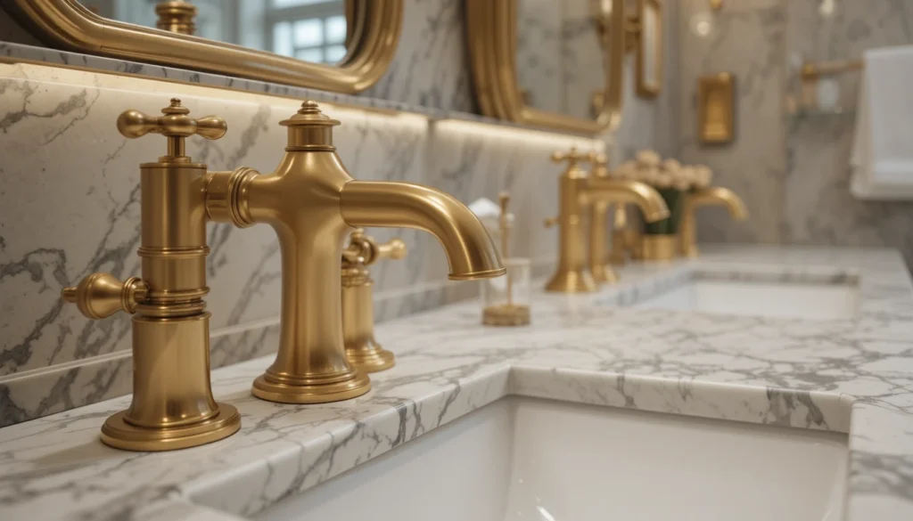 Luxury Bathroom & Shower Design Ideas 10 Close-up of luxury bathroom finishes including gold fixtures and marble accents.