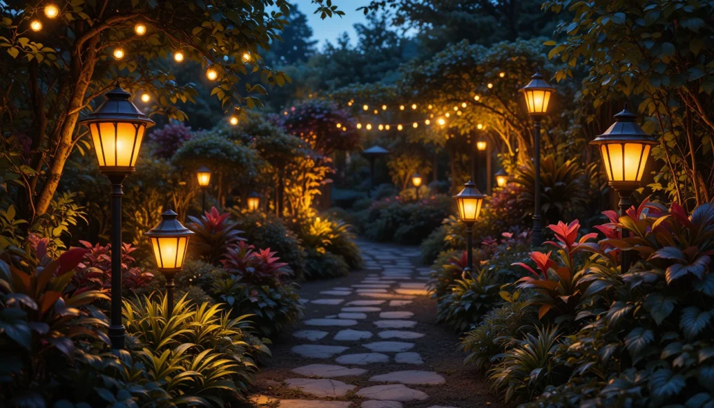 Home Garden Ideas for a Beautiful and Peaceful Outdoor Space 10 Garden at dusk with glowing string lights and lanterns creating a warm ambiance.