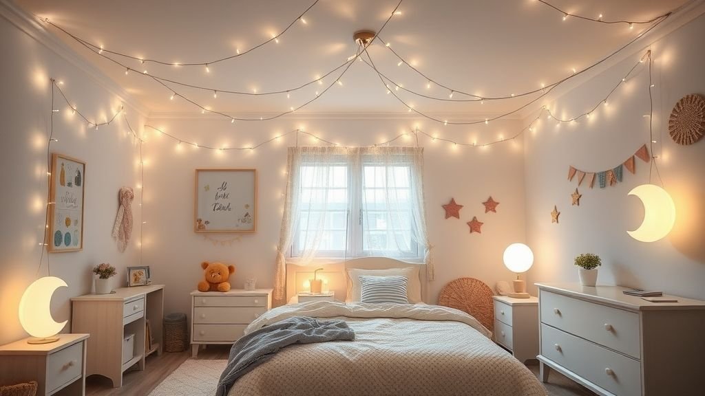 Kids’ room with fairy lights, moon lamp, and cozy warm lighting.