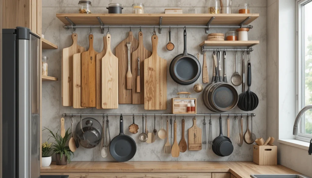 Kitchen Organization Ideas for a Beautiful and Functional Home 7 Vertical kitchen storage racks holding pans and utensils to save space.