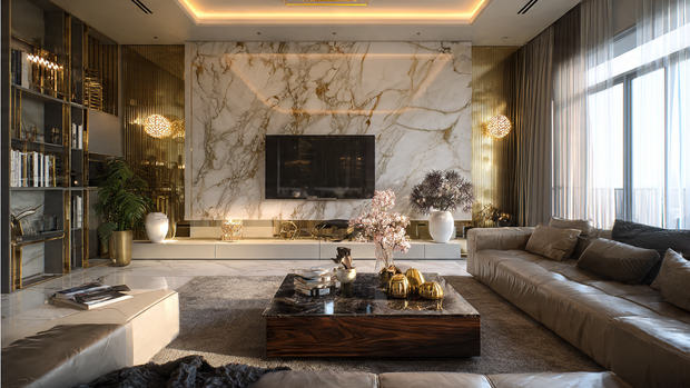 A luxurious living room with a marble feature wall and gold accents enhancing a modern TV setup.
