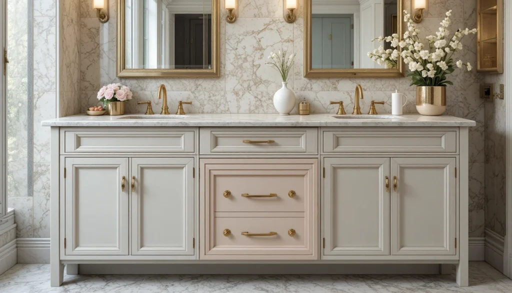 16 Bold and Beautiful Bathroom Vanity Ideas for Apartments 8 Marble vanity with gold fixtures and pastel cabinets in upscale apartment bathroom.