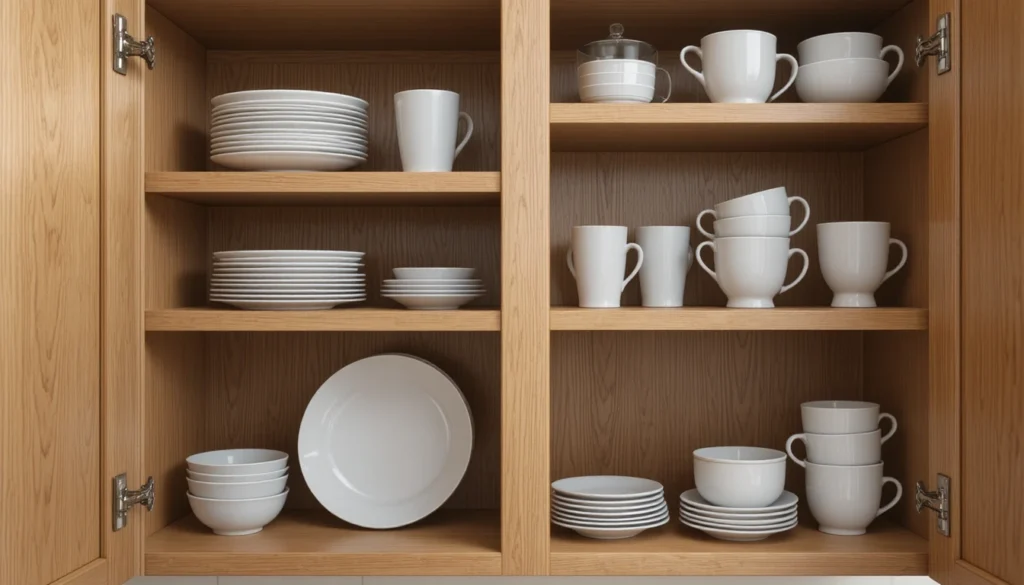 Kitchen Organization Ideas for a Beautiful and Functional Home 4 Kitchen cabinet using shelf risers to maximize storage space for dishes and cookware.