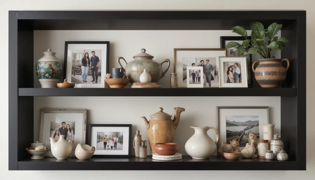 16 Affordable Cozy Home Decor for Modern Interiors 8 Shelf with personal accessories like framed photos and handmade pottery.