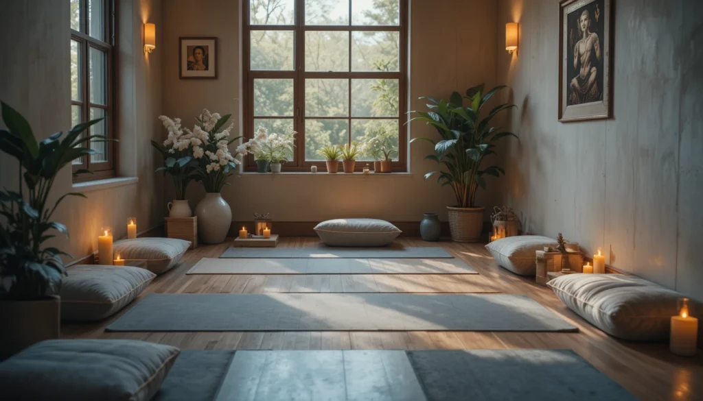 16 Stylish Ideas for Decorating with Comfy Floor Cushions 10 Peaceful meditation area with firm cushions, candles, and greenery.