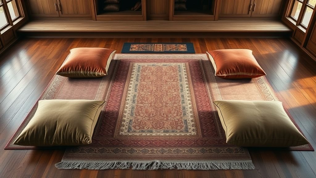 Stylish Floor Seating Ideas for Cozy Spaces 7 Cozy floor seating on mehroon wooden floors with patterned rugs and cushions.