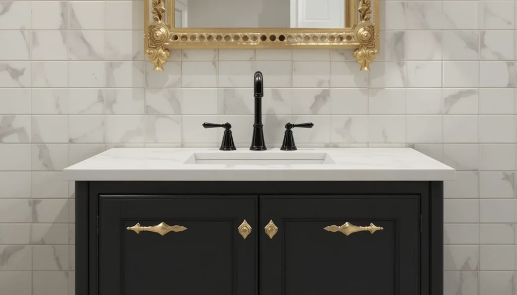16 Bold and Beautiful Bathroom Vanity Ideas for Apartments 9 Modern vanity with metallic accents in white-tiled apartment bathroom.