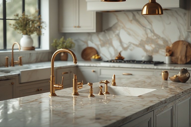 Modern Kitchen Ideas for Stylish and Functional Spaces 10 Modern kitchen with brushed gold faucets and copper lighting accents.