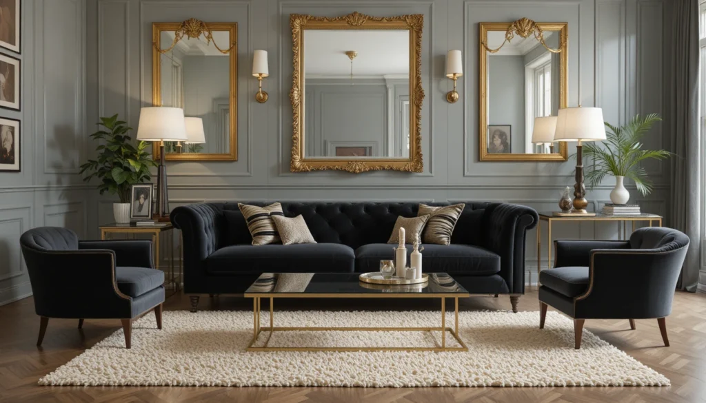 12 Stunning Black Couch Living Room Ideas with Style 4 Luxurious black velvet couch with gold and brass decor accents in a modern living room.