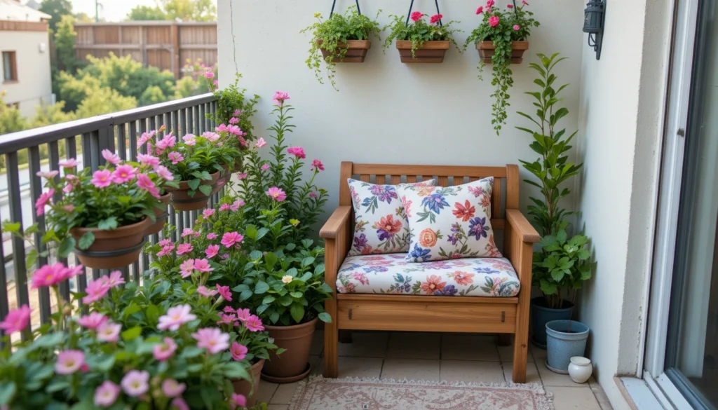 Balcony Ideas Apartment: Transform Your Outdoor Space 9 Balcony garden with pink flowers and green plants in a compact, vibrant setting.