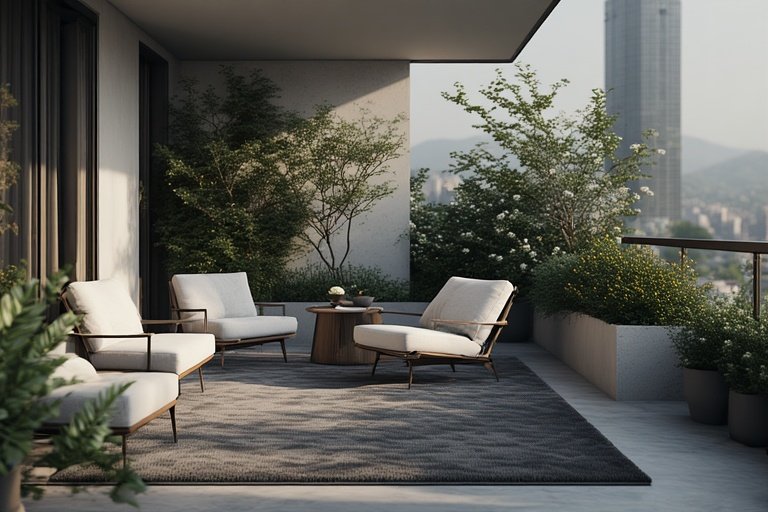 Balcony Ideas Apartment: Transform Your Outdoor Space 11 Minimalist apartment balcony with white chairs, gray rug, and clean modern styling.