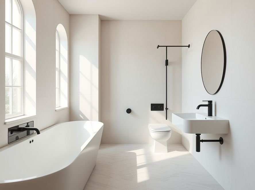 Minimalist bathroom with soft neutral color palette and black accents.