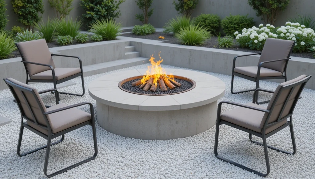 16 Cozy and Modern Backyard Fire Pit Ideas 12 Minimalist concrete fire pit with modern furniture and gravel flooring.