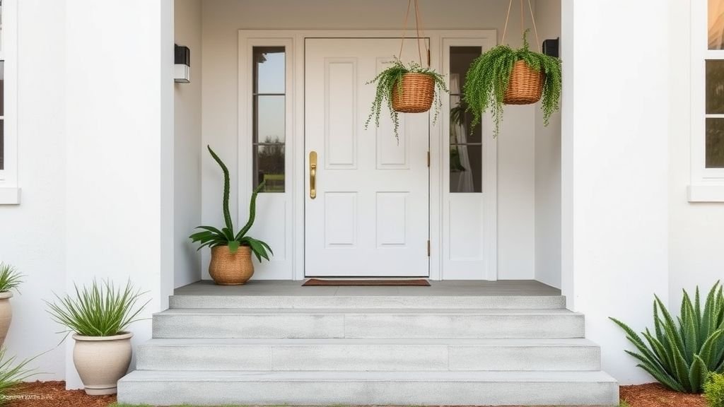 Modern minimalist entryway with white walls and hanging green plants.