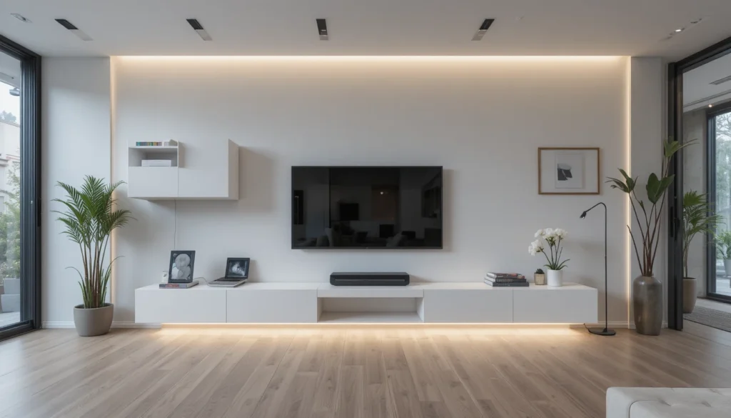 A modern minimalist living room with a floating TV unit and concealed cables creating a clean, airy look.