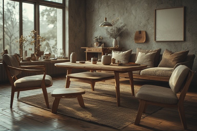 Modern Rustic Cabin Retreat: Cozy Design Ideas for a Warm, Inviting Home 9 Minimalist rustic furniture with organic lines in a modern cabin setting.