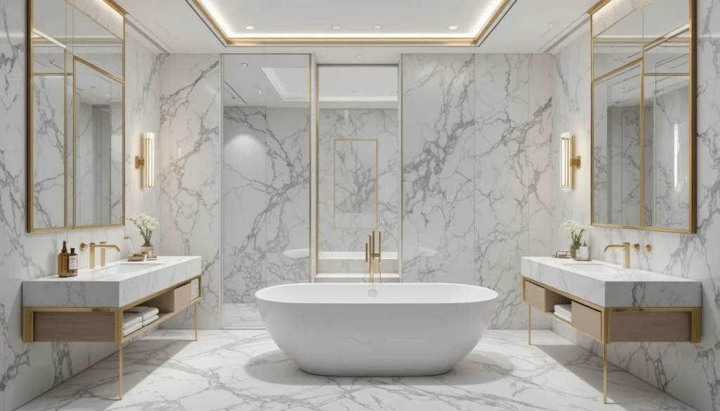 Luxury Bathrooms Inspiration 11 Minimalist luxury bathroom with clean lines, marble, and gold accents.
