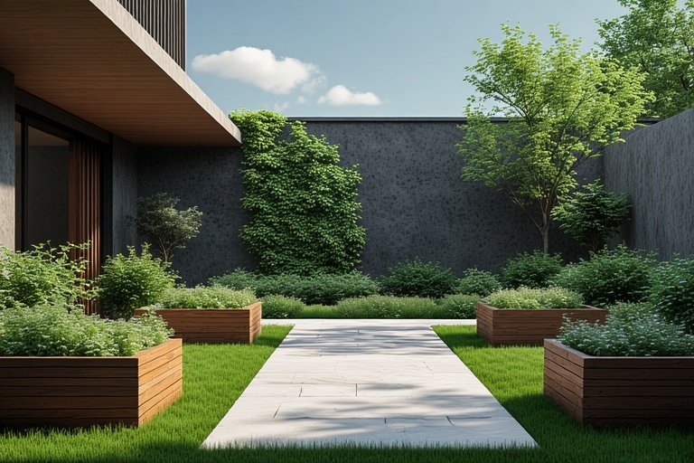 16 Creative DIY Ideas for a Modern Home Garden 16 Minimalist garden with wooden planters, white stones, and clean design.