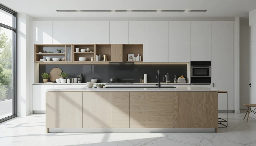 Modern Kitchen Design for Stylish Functional Living 2 Sleek minimalist kitchen with handleless white cabinets, oak island, and black accents in a bright modern space.
