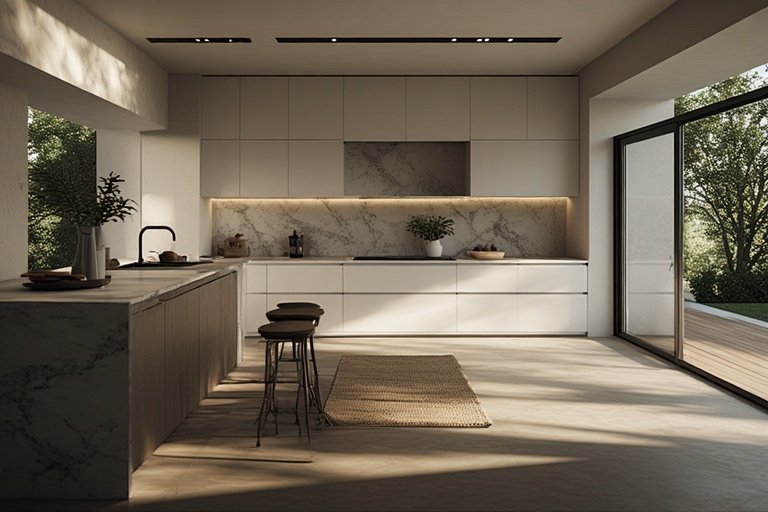 Modern Kitchen Ideas for Stylish and Functional Spaces 2 Minimalist modern kitchen with handleless cabinets and marble island.