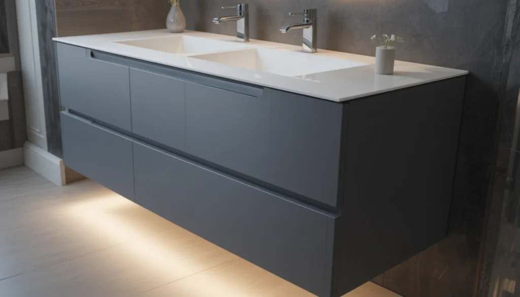 16 Bold and Beautiful Bathroom Vanity Ideas for Apartments 10 Floating minimalist vanity with LED lighting and clean lines in apartment bathroom.