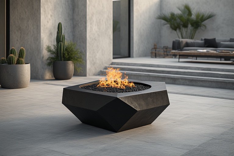 A minimalist steel fire pit with industrial-style decor and warm glowing flames.