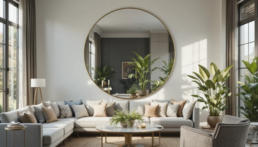 16 Affordable Cozy Home Decor for Modern Interiors 12 Gold-framed mirror reflecting natural light in a cozy modern living room.