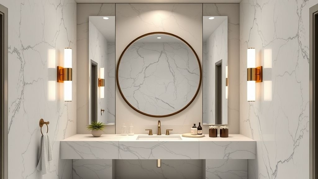 Bathroom Design Ideas for a Stylish Space 12 stylish bathroom with large round mirror and soft ambient lighting