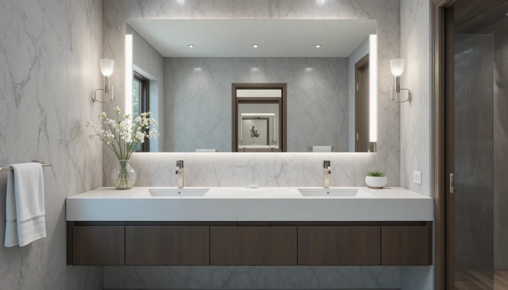 16 Bold and Beautiful Bathroom Vanity Ideas for Apartments 7 Large frameless mirror reflecting light above minimalist vanity in apartment bathroom.